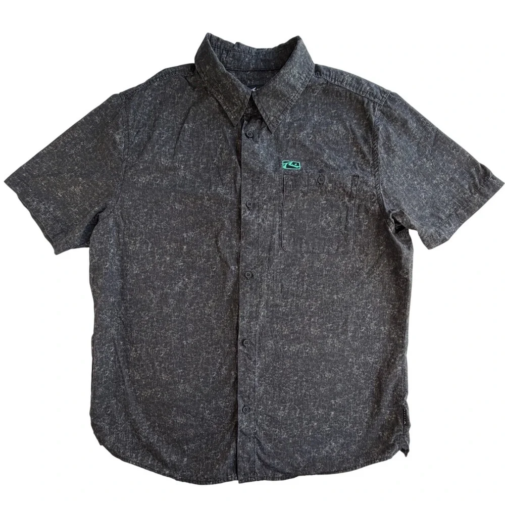 Rusty Mens Short Sleeve‎ Button Down Shirt Charcoal Grey Acid Wash Cotton Large